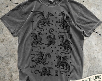 Fantasy Dragon T Shirt | Gothic Graphic Tee | Medieval Creature Shirt | Mythical Beast Top | Dark Academia Aesthetic Clothing for Gamers