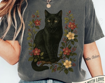 Vintage Black Cat Shirt, Floral Graphic Tee, Cottagecore Cat T-Shirt, Boho Animal Lover Gift, Botanical Art Top, Roses Flower Shirt for Her