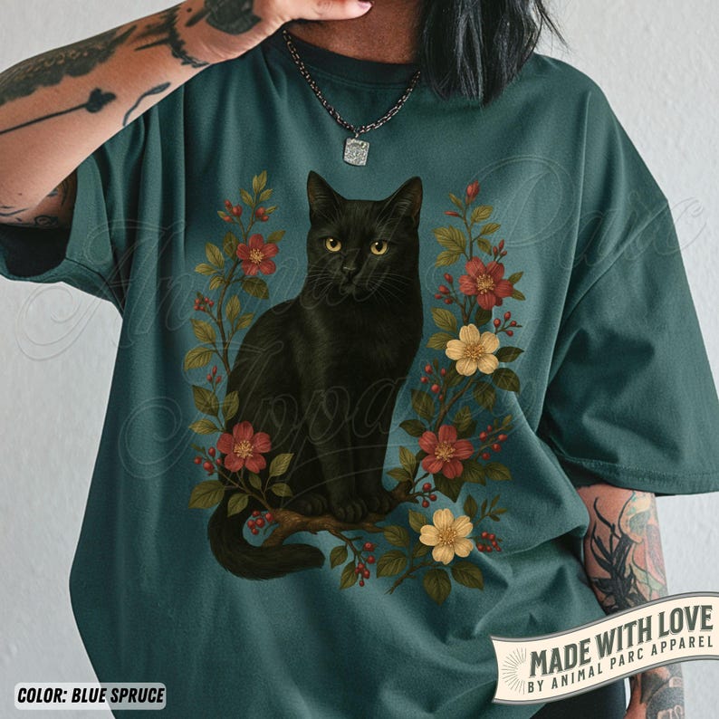 Vintage Black Cat Shirt, Floral Graphic Tee, Cottagecore Cat T-shirt ...