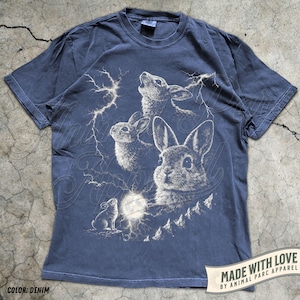 Pode incluir: Camiseta azul denim com uma ilustra&ccedil;&atilde;o de coelhos, raios e lua cheia. O design inclui o texto "MADE WITH LOVE BY ANIMAL PARC APPAREL" em uma faixa. A camiseta &eacute; de gola redonda e manga curta.