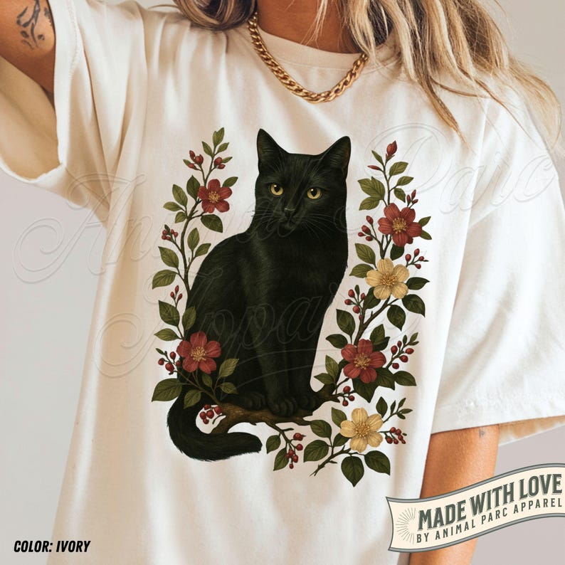 Vintage Black Cat Shirt, Floral Graphic Tee, Cottagecore Cat T-shirt ...