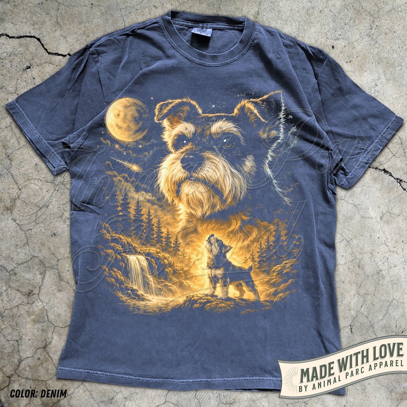 Miniature Schnauzer Howling To The Moon T-Shirt, Vintage Graphic Dog Lover Shirt, Funny Miniature Schnauzer Gift, 90s Full Moon Dog Shirt Denim