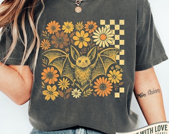 Vintage Bat T-Shirt, Retro Floral Graphic Tee, Cute Bat and Daisies, Boho Cottagecore Aesthetic, Halloween Bats Tee, Cute Halloween Bat