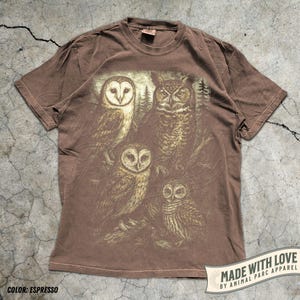 Owl Shirt Graphic Tee, Vintage Forest Night Birds T-Shirt, Wildlife Lover Gift, Boho Nature Top Cottagecore Aesthetic Animal Graphic Unisex Espresso