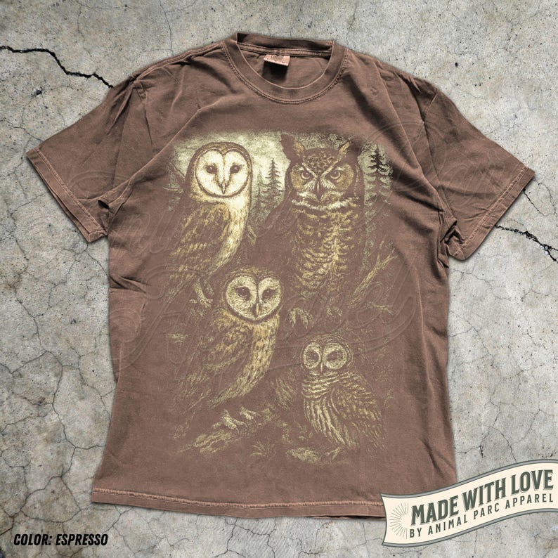 Owl Shirt Graphic Tee, Vintage Forest Night Birds T-Shirt, Wildlife Lover Gift, Boho Nature Top Cottagecore Aesthetic Animal Graphic Unisex Espresso