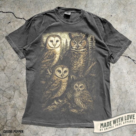 Owl Shirt Graphic Tee, Vintage Forest Night Birds T-Shirt, Wildlife Lover Gift, Boho Nature Top Cottagecore Aesthetic Animal Graphic Unisex