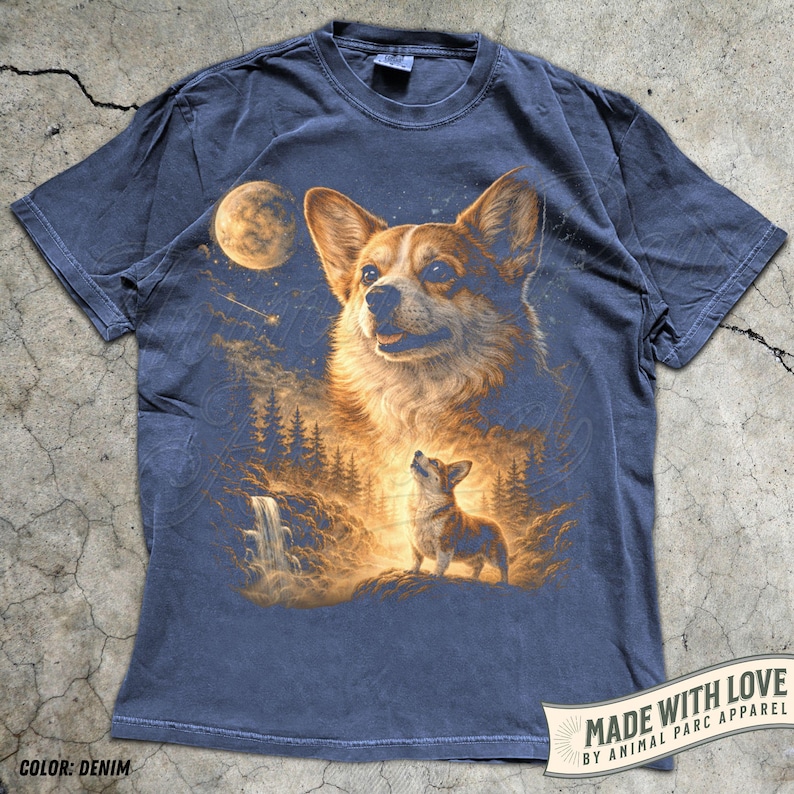 May include: Denim blue t-shirt featuring a detailed illustration of a Corgi dog with a forest and moon backdrop. The design includes a large Corgi portrait and a smaller one looking up. The text "MADE WITH LOVE" is visible on the bottom right.