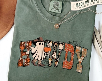 Howdy Ghost T-Shirt, Western Cowboy Halloween Tee, Cute Pumpkin Ghost Graphic Shirt, Vintage Fall Spooky Season Western Top