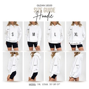 May include: A white Gildan 18500 hoodie size guide. The guide shows the measurements for sizes S, M, L, and XL. The model is 5'8" tall and weighs 125 pounds. The model's measurements are 35"-28"-37".