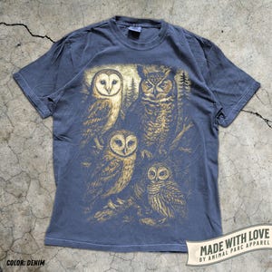 Owl Shirt Graphic Tee, Vintage Forest Night Birds T-Shirt, Wildlife Lover Gift, Boho Nature Top Cottagecore Aesthetic Animal Graphic Unisex Denim