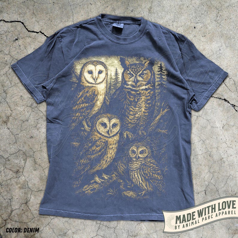 Owl Shirt Graphic Tee, Vintage Forest Night Birds T-Shirt, Wildlife Lover Gift, Boho Nature Top Cottagecore Aesthetic Animal Graphic Unisex Denim