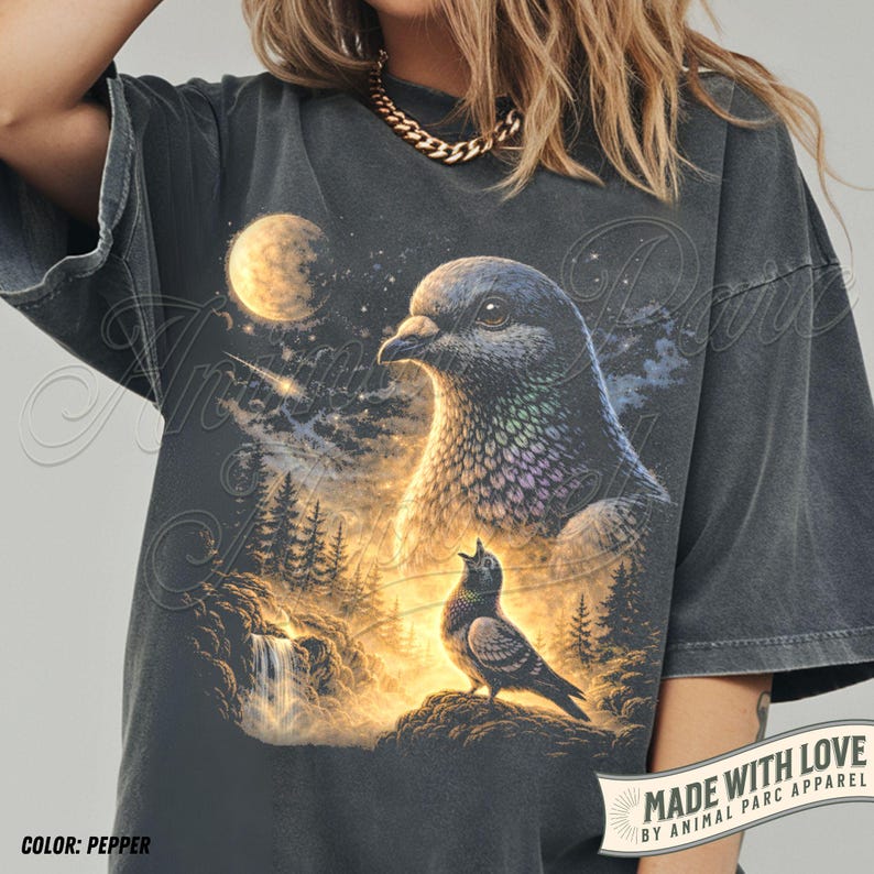 Pigeon Howling to the Moon T Shirt, Vintage Bird Graphic Tee, Retro Animal Shirt, Full Moon Animals, Pigeon Lover Gift, 90s Animal Tee Shirt image 2