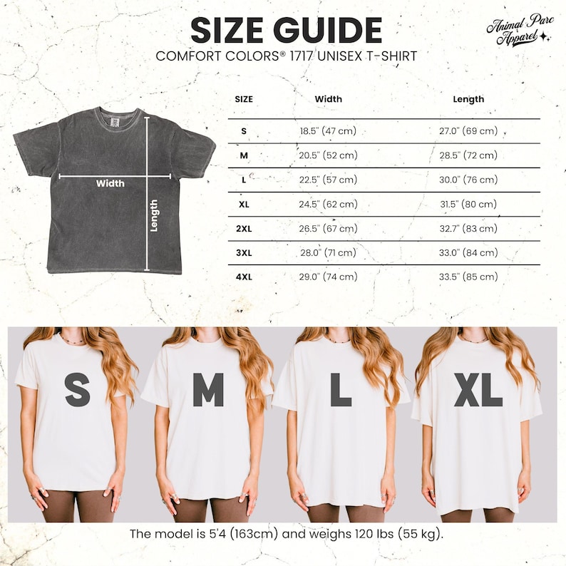 May include: Size guide for a Comfort Colors 1717 unisex t-shirt. The guide shows measurements for sizes S to 4XL, with widths ranging from 47 cm to 74 cm and lengths from 69 cm to 85 cm. The model is 5'4 (163cm) and weighs 55 kg.