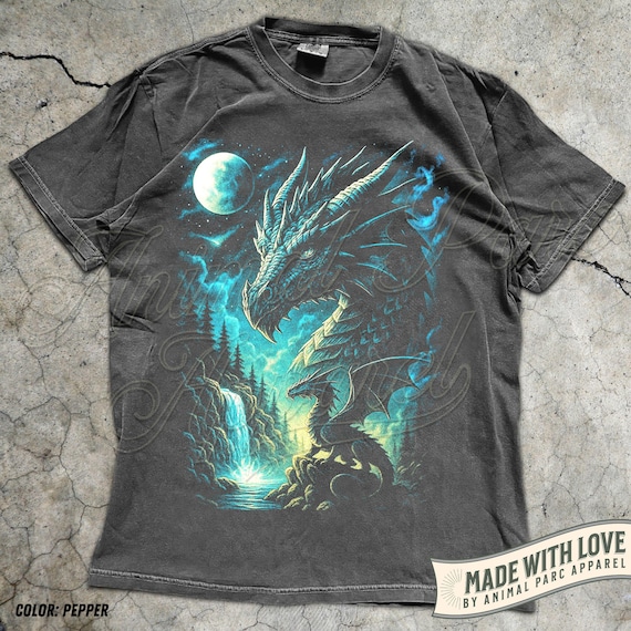 Dragon Graphic Tee, Fire Dragon Fantasy Full Moon T-Shirt, Mythical Creature Top, Gothic Medieval Shirt, Gift for Fantasy Lovers & Gamers