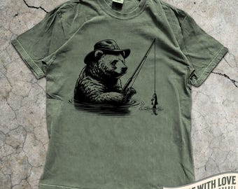Bear Fishing Shirt Funny Bear Graphic Tee Gift Fishing Lover Dad Shirt Fishing Bear Lover Gift Outdoor Nature Funny Tshirt Grizzly for Dad