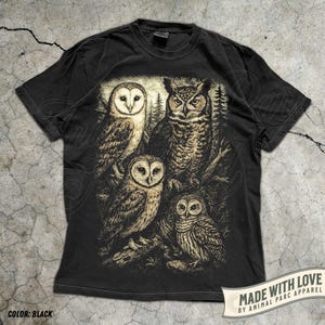 Owl Shirt Graphic Tee, Vintage Forest Night Birds T-Shirt, Wildlife Lover Gift, Boho Nature Top Cottagecore Aesthetic Animal Graphic Unisex Black