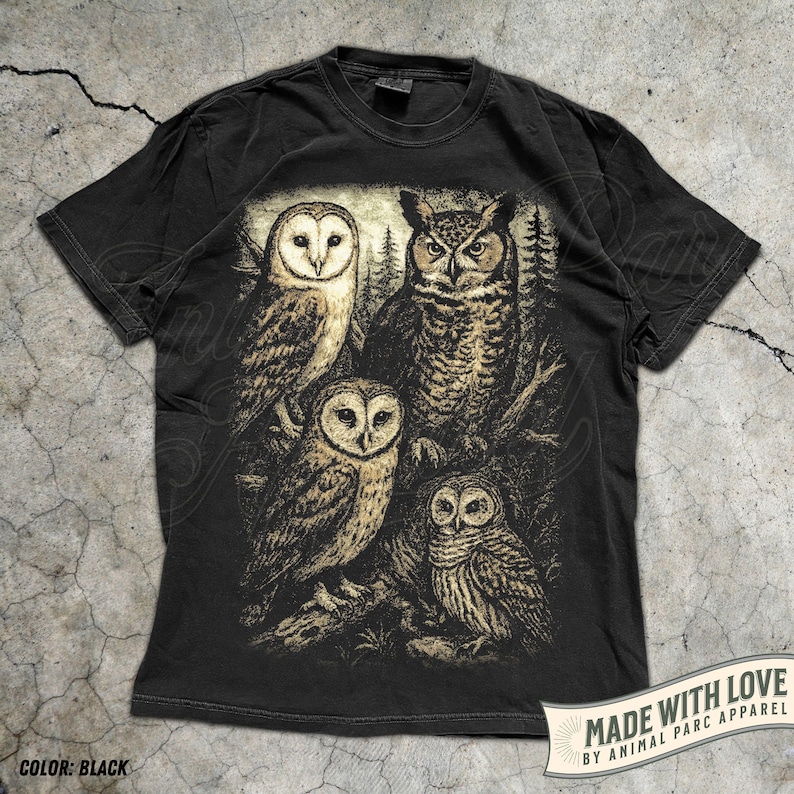 Owl Shirt Graphic Tee, Vintage Forest Night Birds T-Shirt, Wildlife Lover Gift, Boho Nature Top Cottagecore Aesthetic Animal Graphic Unisex Black