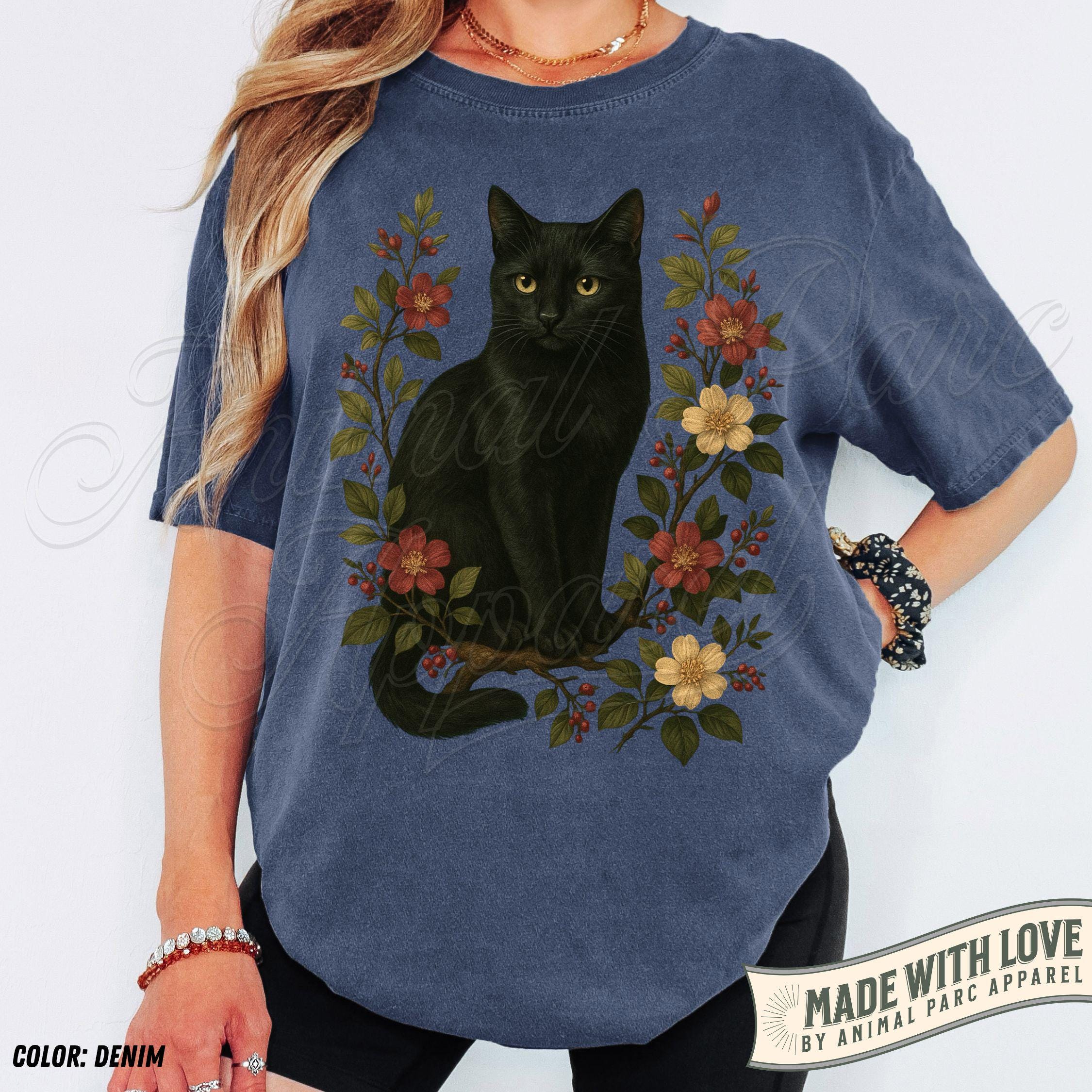 Vintage Black Cat Shirt, Floral Graphic Tee, Cottagecore Cat T-shirt ...