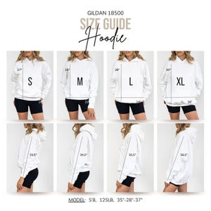 May include: A white Gildan 18500 hoodie size guide. The guide shows the measurements for sizes S, M, L, and XL. The model is 173 cm tall and weighs 57 kg. The model's measurements are 89-71-94 cm.