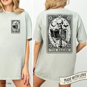 The Reader Tarot Card Shirt Skeleton Tarot Back Print Tee for Women Comfort Colors Graphic Tee Witchy Occult Aesthetic Spiritual Boho Gift