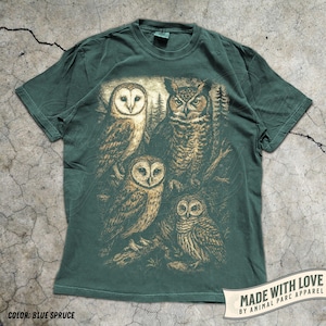 Owl Shirt Graphic Tee, Vintage Forest Night Birds T-Shirt, Wildlife Lover Gift, Boho Nature Top Cottagecore Aesthetic Animal Graphic Unisex Blue Spruce