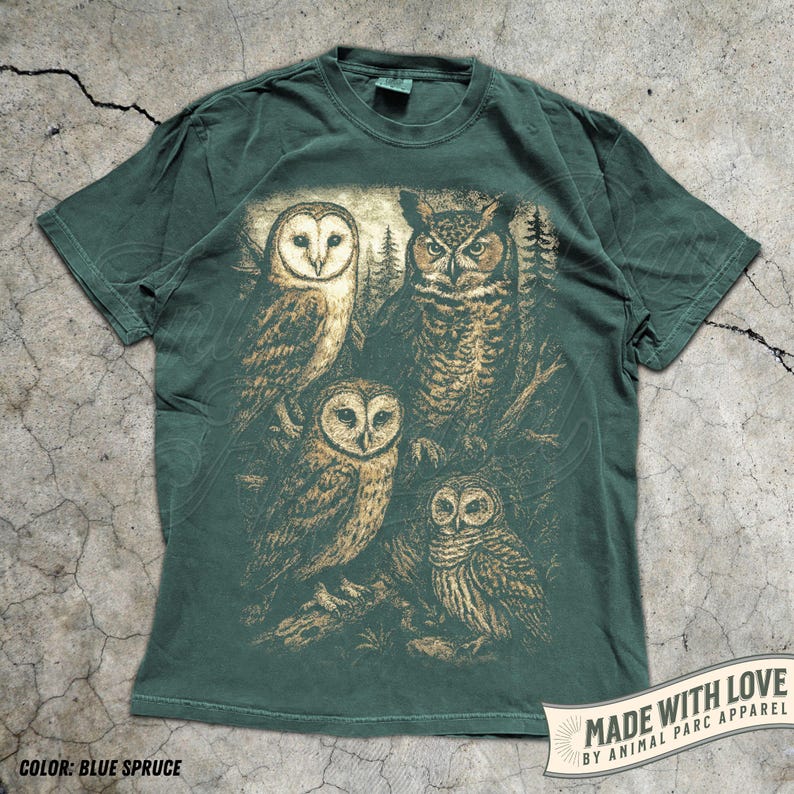 Owl Shirt Graphic Tee, Vintage Forest Night Birds T-Shirt, Wildlife Lover Gift, Boho Nature Top Cottagecore Aesthetic Animal Graphic Unisex Blue Spruce