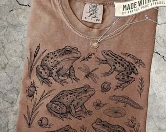 Frog Pond Life T-Shirt, Vintage Botanical Graphic Tee, Gift Frog Themed, Salamanders, Outdoor Nature Shirt, Frog Cottagecore Shirt, Frogcore