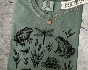 Frog Pond Life T-Shirt, Vintage Botanical Graphic Tee, Gift Frog Themed, Salamanders, Outdoor Nature Shirt, Frog Cottagecore Shirt, Frogcore