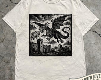 Dragon Spitting Fire Graphic Tee, Medieval Dragon Vintage Shirt, Mythical Creature Top, Gothic Medieval Gift, Gift for Medieval Lovers