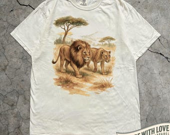 Lion Vintage T-Shirt, African Safari Graphic Tee with Lion and Lioness, Vintage Wildlife Big Cat Shirt, Savannah Nature Tee, Gift Lion Theme