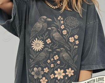 Raven T Shirt, Gothic Cottagecore Tee, Crow and Floral Graphic Top, Dark Academia Nature Shirt, Witchy Aesthetic Gift, Vintage Bird Tee