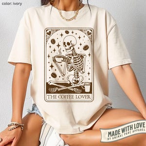 The Coffee Lover Graphic Tee Vintage Coffee Tarot Skeleton T-Shirt Funny Gothic Coffee Shirt Skeleton Drinking Coffee Occult Aesthetic Tee
