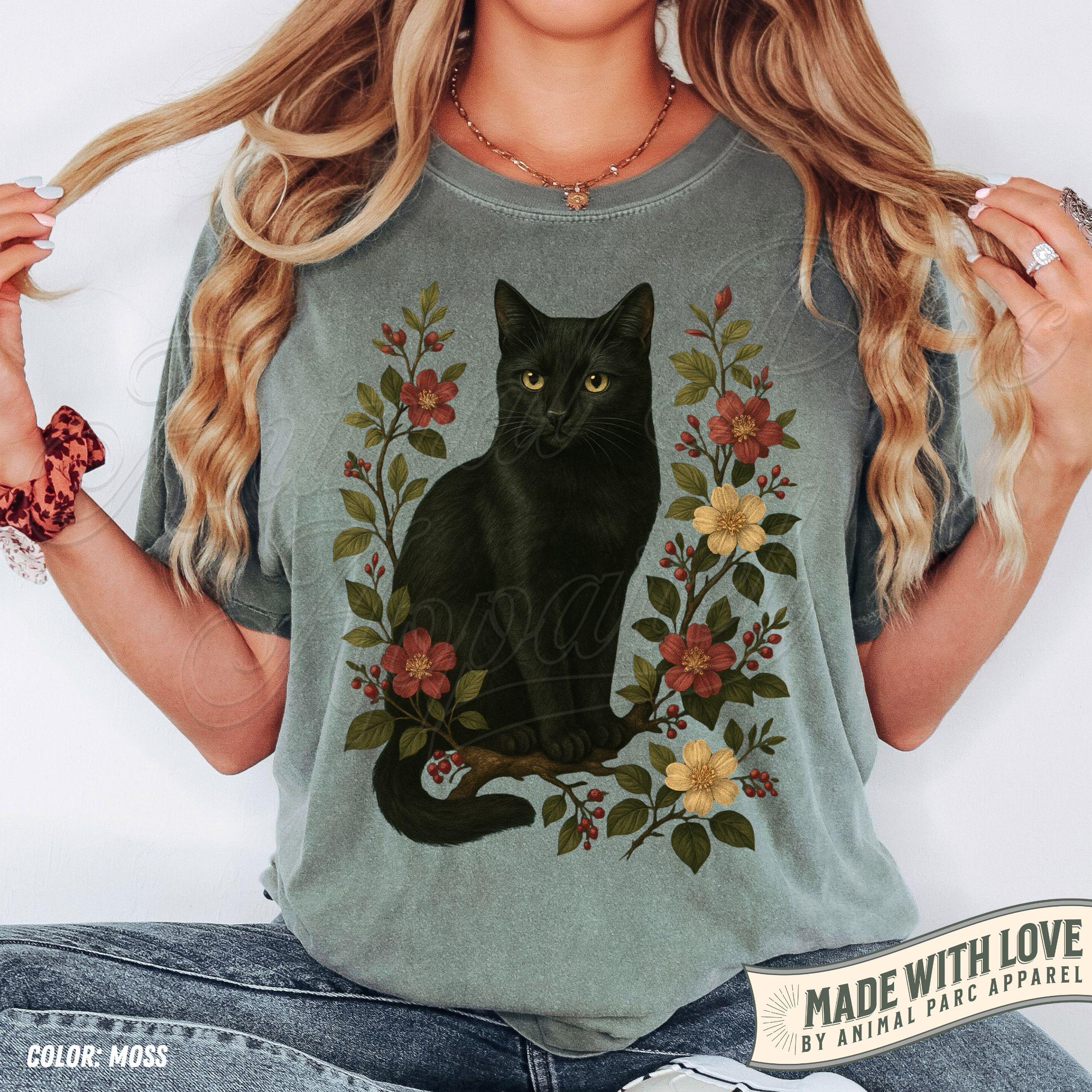 Vintage Black Cat Shirt, Floral Graphic Tee, Cottagecore Cat T-shirt ...