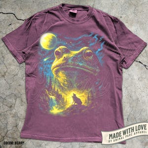 May include: A berry-colored short-sleeve t-shirt featuring a graphic print of a large frog looking up at a yellow moon in a starry night sky. Below the frog, a small wolf silhouette stands on a rocky landscape near a waterfall. The shirt has a crew neckline.