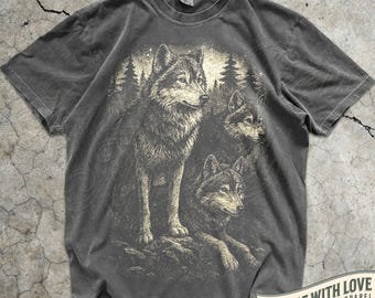 Wolf Shirt Wilderness Graphic Tee, Nature Wildlife T-Shirt, Moon Wolf Pack Top Forest Animal Lover Gift Boho Outdoors Hiking Camping Apparel