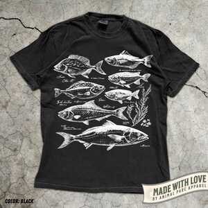 May include: Black t-shirt featuring detailed white illustrations of various fish species, each labeled with their scientific names. The shirt includes the text "MADE WITH LOVE BY ANIMAL PARC APPAREL" and the color is black.