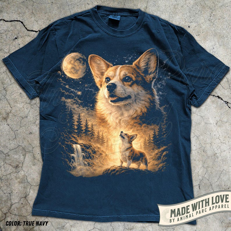 May include: Navy blue t-shirt featuring a detailed illustration of a Corgi dog with a forest and waterfall scene under a full moon. The shirt includes the text "MADE WITH LOVE BY ANIMAL PARC APPAREL" and the color is "TRUE NAVY".
