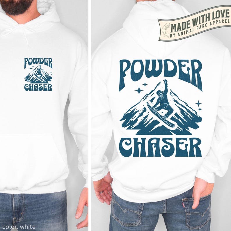 May include: White hoodie with a blue graphic on the front and back. The front graphic says "POWDER CHASER" with a mountain illustration. The back graphic features a snowboarder on a mountain with the words "POWDER CHASER".