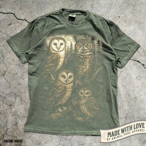 Owl Shirt Graphic Tee, Vintage Forest Night Birds T-Shirt, Wildlife Lover Gift, Boho Nature Top Cottagecore Aesthetic Animal Graphic Unisex Moss