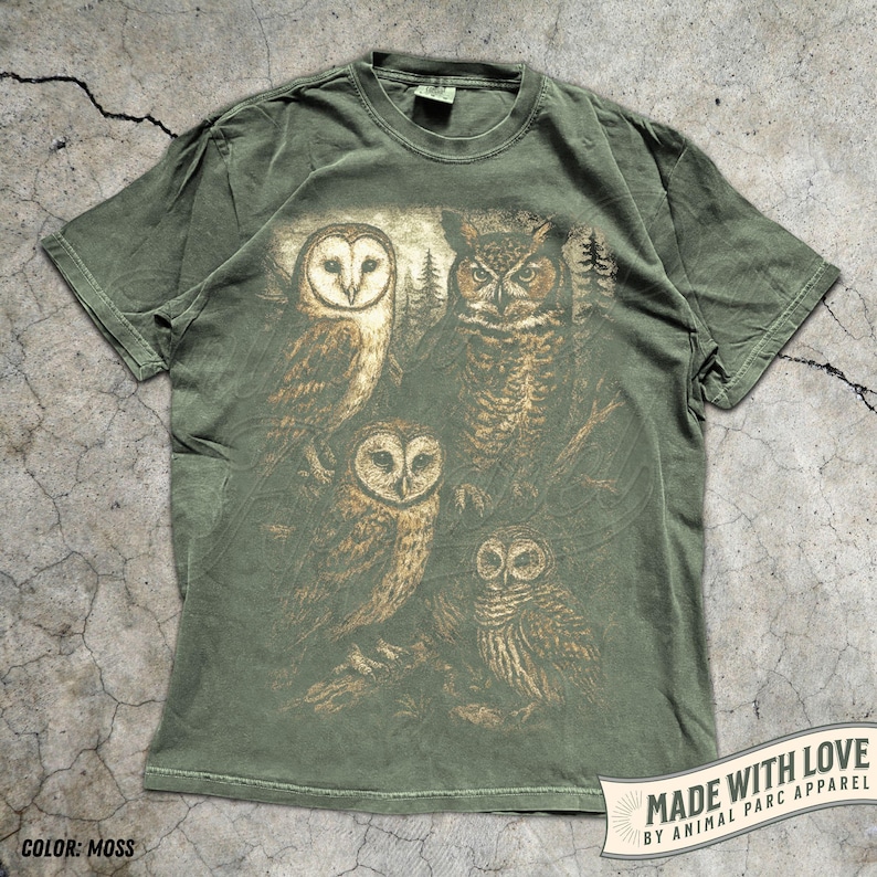 Owl Shirt Graphic Tee, Vintage Forest Night Birds T-Shirt, Wildlife Lover Gift, Boho Nature Top Cottagecore Aesthetic Animal Graphic Unisex Moss