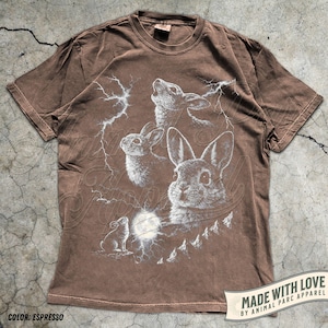 Pode incluir: Camiseta cor espresso com um gr&aacute;fico detalhado de coelhos, raios e lua cheia. O design inclui o texto "MADE WITH LOVE BY ANIMAL PARC APPAREL" e "COLOR: ESPRESSO".