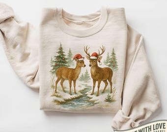 Deer Christmas Sweatshirt, Rustic Holiday Reindeer Sweater, Vintage Woodland Deer Crewneck, Country Christmas Shirt, Christmas Tree Sweater