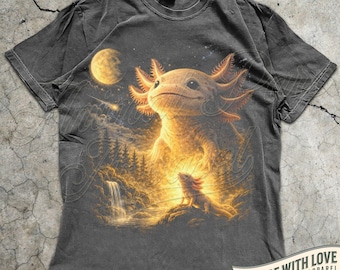 Axolotl Howling Moon T-Shirt, Vintage Salamander Graphic Tee, 90s Full Moon Animals, Cottagecore Gift Axolotl Lover, Water Animals Tee