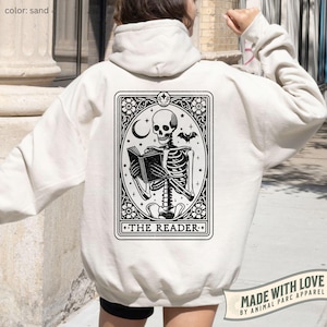 The Reader Tarot Skeleton Hoodie Unisex Hooded Sweatshirt Witchy Tarot Card Back Print Vintage Occult Gothic Aesthetic Spiritual Hoodie Gift