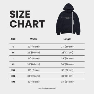 May include: A size chart for a hooded sweatshirt, with measurements in inches and centimeters. The chart includes sizes S to 4XL, with corresponding width and length measurements. The image also shows a black hooded sweatshirt.