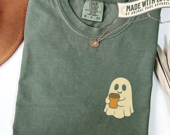 Ghost Coffee Shirt, Cute Pocket Graphic Tee With Ghost, Spooky Halloween Coffee Lover T-Shirt, Cozy Fall Top with Ghost Design, Gift For Her