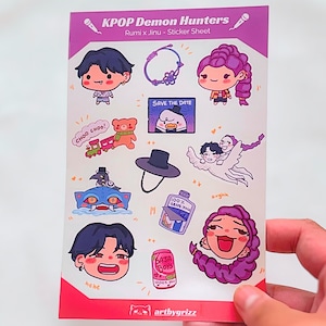Rumi x Jinu Fan Art Sticker Sheet - Kpop Demon hunters, Cute Idol, collectible stickers, Journal, Water Bottles, and Kpop Merch