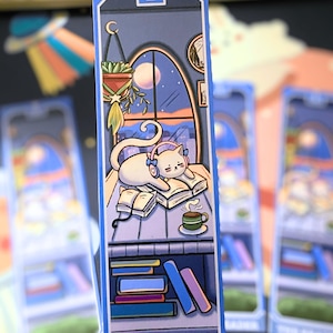 The Reader Cat Tarot Bookmark // Cozy sleeping cat with headphones for book lovers, bookish gift, tarot inspired for readers and tarot lover