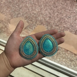 Turquoise and Orange Colored Teardrop Shape Indigenous Beaded Earrings