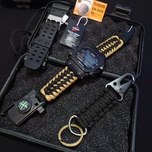Handgemaakte paracord-horlogeband: Casio G Shock, kompas, mes